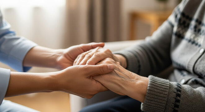 Gentle caregiving is expressed in hands of young and older person. Hands symbolize family caregiving, providing comfort and compassion to senior or loved one.