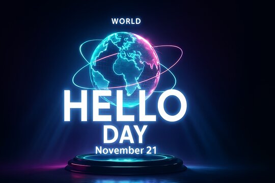 World hello day november 21 glowing globe neon lights