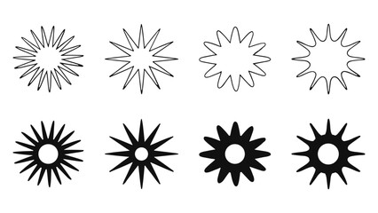 A set of eight unique sun and star vector icons isolated on, perfect for adding a touch of warmth and brightness to your designs and projects