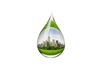 Water droplet containing city skyline, green grass, environmental sustainability concept, isolated on a transparent background