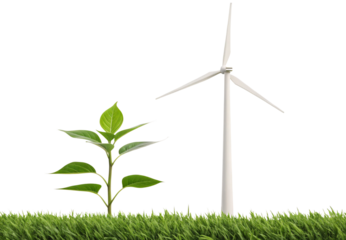 Wind turbine beside young green plant growing in grass field, isolated on a transparent background