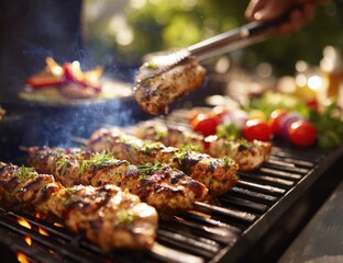 Grilled chicken skewers on a barbecue