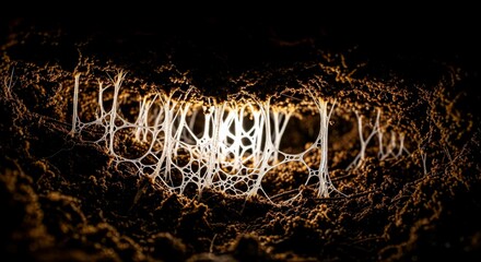 Mycelium network glowing beneath soil in dark environment  