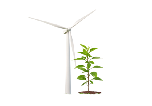 Wind turbine next to small leafy plant rooted in soil, isolated on a transparent background