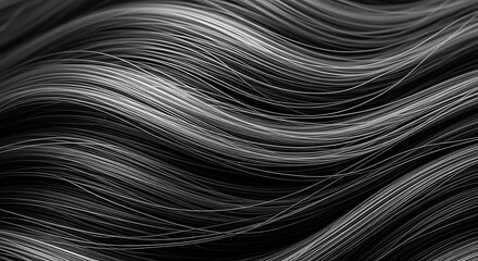 Macro close-up of dark wavy hair texture in black and white