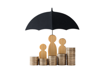 Wooden family figures with coin stacks protected under black umbrella, isolated on a transparent background