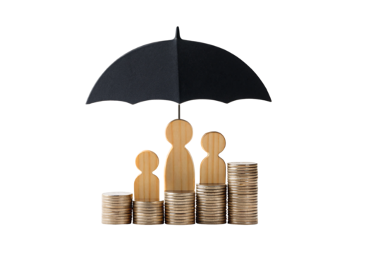 Wooden family figures with coin stacks protected under black umbrella, isolated on a transparent background - Powered by Adobe