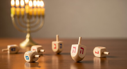 Hanukkah setup with dreidels and menorah, traditional Jewish holiday. Hanukkah celebration includes spinning tops with Hebrew letters and candelabra with lit candles,