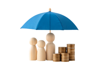 Wooden peg dolls family under blue umbrella beside stacked coins, isolated on a transparent background