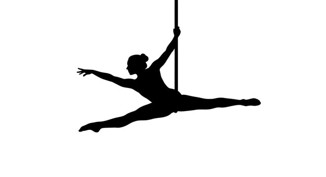 Elegant pole dancer silhouette striking a dramatic pose in mid-air, perfect for fitness blogs and dance studio promotions, conveying strength and artistry