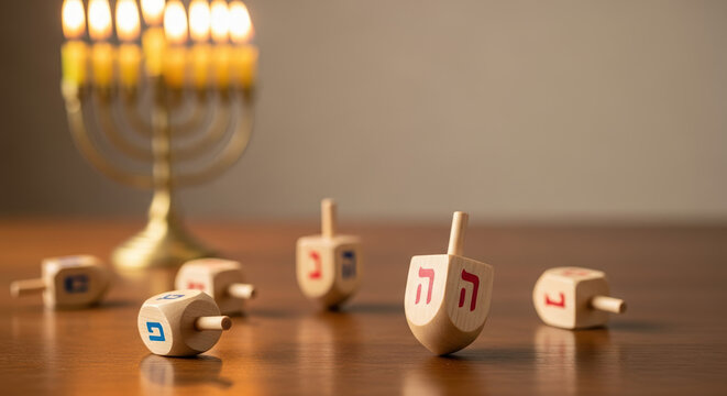 Hanukkah setup with dreidels and menorah, traditional Jewish holiday. Hanukkah celebration includes spinning tops with Hebrew letters and candelabra with lit candles,