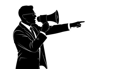 Dynamic leader with a megaphone, pointing the way forward, perfect for business announcements or powerful messages with strong direction and conviction