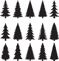 Collection of fifteen silhouette christmas trees for holiday designs and decorations