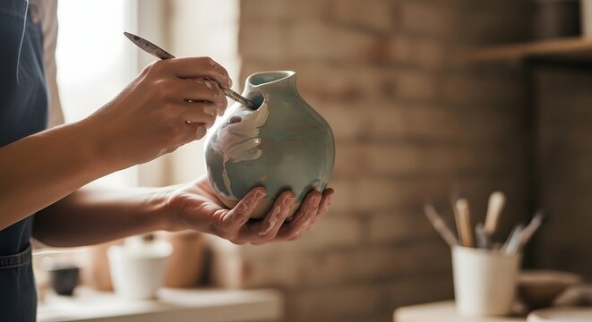 Close-up of hands painting a ceramic prototype with glaze in a studio, textured background, natural window light — faces hidden. - Powered by Adobe