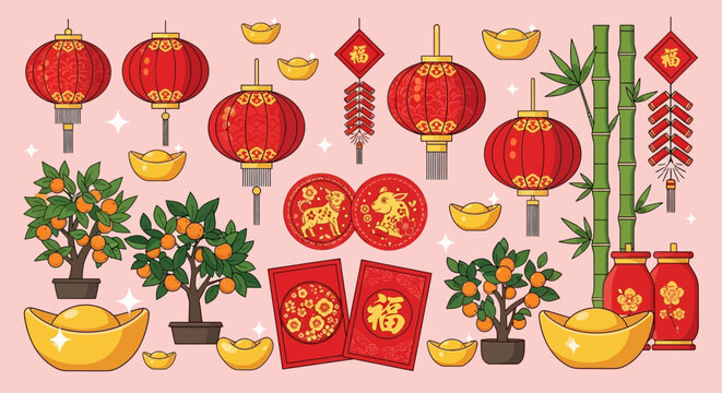 A vibrant collection of traditional Chinese New Year decorations including lanterns, red envelopes, gold ingots, and tangerine trees on a pink background.