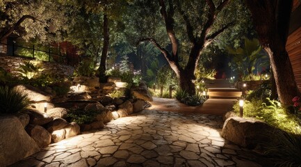 Nighttime garden path with light
