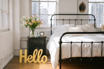 Sunny bedroom scene with "Hello" sign
