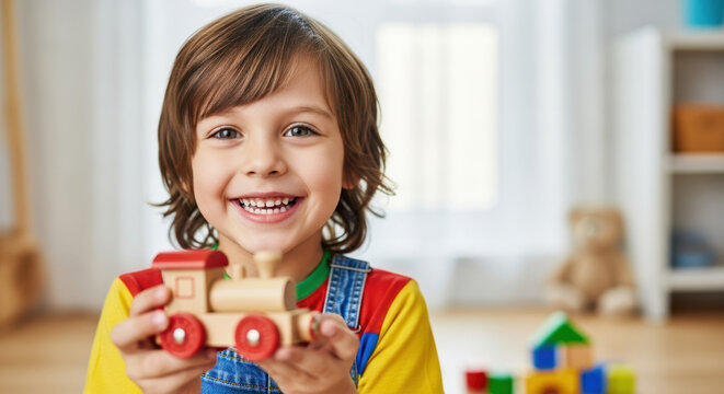 Little boy with toy for Father's Day celebration, showcasing a bright smile and wooden train. Father's Day gift with colorful blocks evokes childhood joy, perfect for celebrating family bonds.