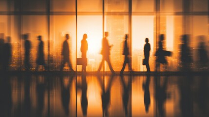 Silhouetted Business People Walking in Modern Office Building at Sunset with Cityscape Background