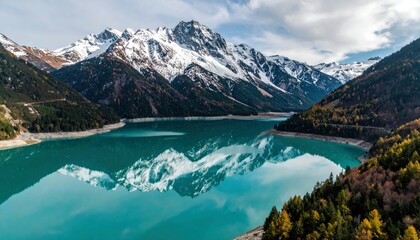A serene mountain landscape featuring a vibrant turquoise lake reflecting snow-capped peaks and colorful autumn foliage.