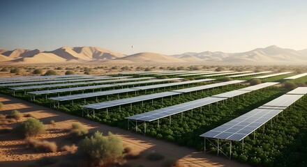 Aerial view of solar panel field in desert landscape with sand dunes and clear blue sky on a sunny day