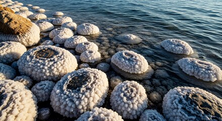 Salt formations on shoreline by calm water during sunset light