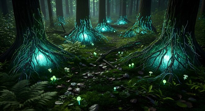 A mystical forest scene featuring glowing tree roots and mushrooms illuminating the dark woodland floor