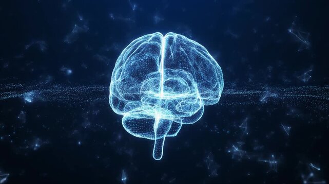 Glowing neural network brain made of digital particles, dynamic energy flow, rotating footage. 