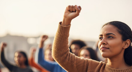 Celebrating Defenders Day with raised fists in unity and determination, symbolizing patriotism and resilience. Defenders Day commemoration showcases diverse group standing together for freedom,