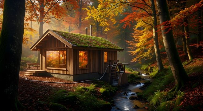 A cozy cabin nestled in an autumn forest with a stream and vibrant foliage creating a serene landscape - Powered by Adobe