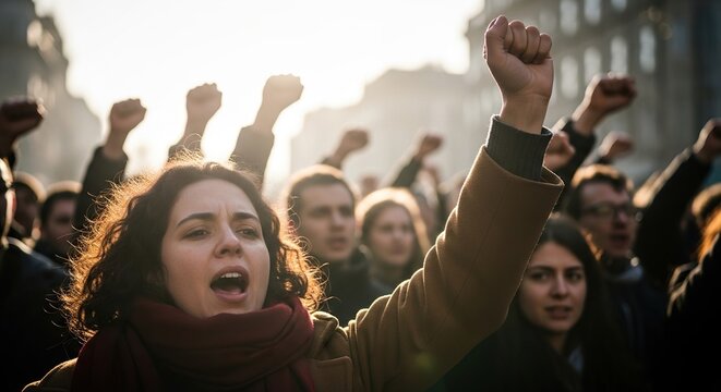Passionate crowd protesting for social justice with raised fists in powerful demonstration, showing solidarity and demanding change for a better future