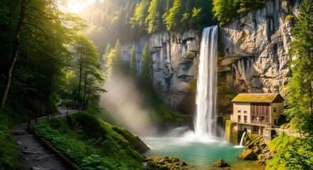 A scenic view of a waterfall cascading down a cliff near a building in a lush green forest area
