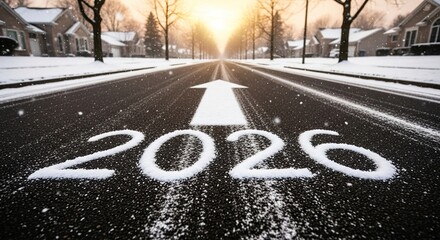 Inspiring winter scene with snowy road, houses, and hopeful 2026 message, perfect for new year, resolutions, or business success themes