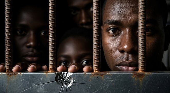 Striking portrait of pensive young refugees seeking hope behind bars, conveying themes of immigration, justice, and human rights with powerful emotion