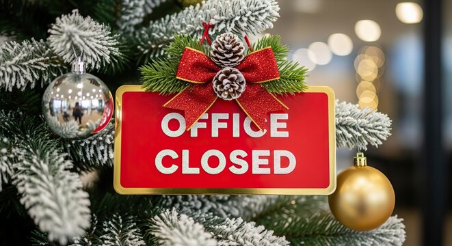 Festive office closure announcement with Christmas tree decorations, signaling a holiday break and a time for relaxation and celebration