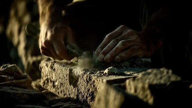 Close-up of a craftsman's hands using a chisel and mallet to work on a rough stone surface