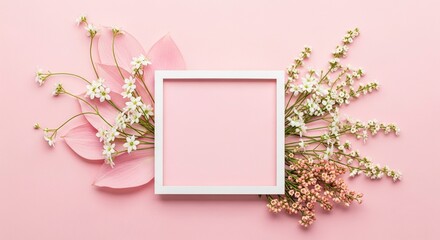 Elegant floral frame on soft pink background for invitations, announcements, or romantic designs, perfect for spring celebrations and delicate branding