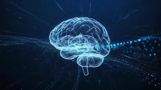 Glowing neural network brain made of digital particles, dynamic energy flow, rotating footage. 