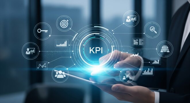 KPI Holographic Dashboard Over Tablet — Business KPI HUD with Target, Key and Analytics Icons - Powered by Adobe
