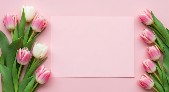 Elegant pink tulips frame a blank card creating a soft and fresh backdrop, perfect for spring greetings or heartfelt messages, a charming floral scene - Powered by Adobe