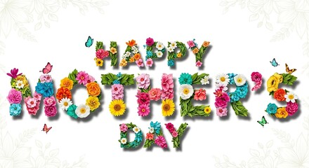 Celebrate Mother's Day with stunning floral typography and vibrant butterflies, a beautiful greeting for mothers everywhere, conveying love and appreciation