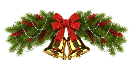 Golden christmas bells with red bow isolated on transparent background