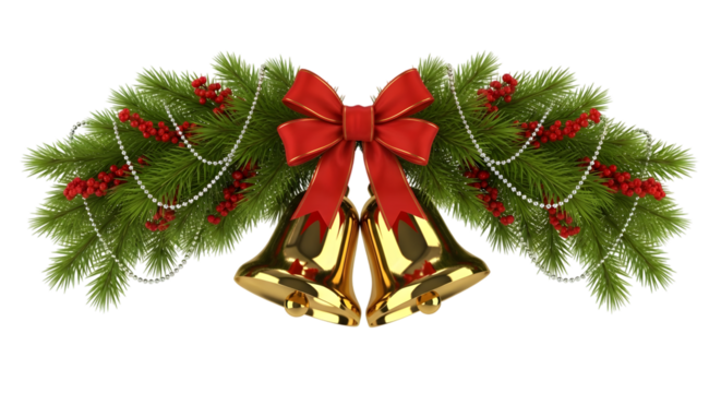 Golden christmas bells with red bow isolated on transparent background
