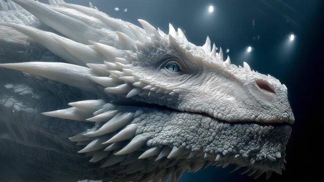 A majestic dragon with white scales gazes intensely, showcasing its sharp features and intricate textures. The dragon's striking eyes and spiky details emphasize its unique presenc