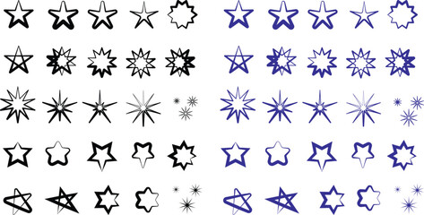 Stars set - Black and blue ink, hand drawn style star shapes - pointed, curvy, scribbly 