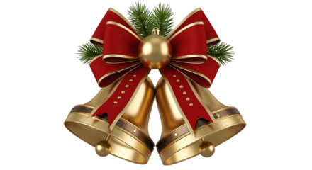 Golden christmas bells with red bow isolated on transparent background