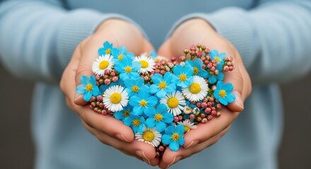Delicate hands gently offering a vibrant bouquet of blue forget-me-nots and daisies, a symbol of love, care, and heartfelt connection