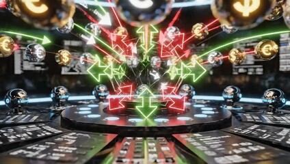 Dynamic financial network with currency symbols and glowing arrows representing global economic flow and data. - Powered by Adobe