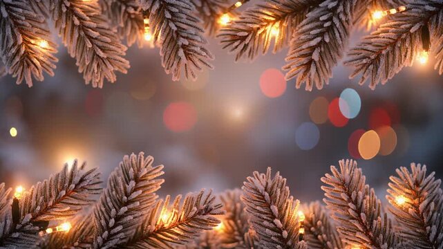 Festive Christmas lights border with frosted pine