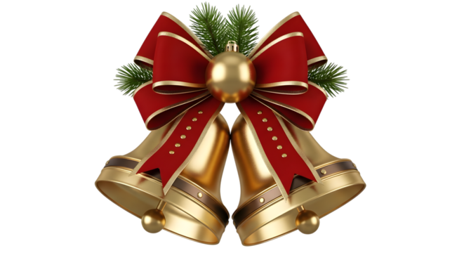 Golden christmas bells with red bow isolated on transparent background - Powered by Adobe